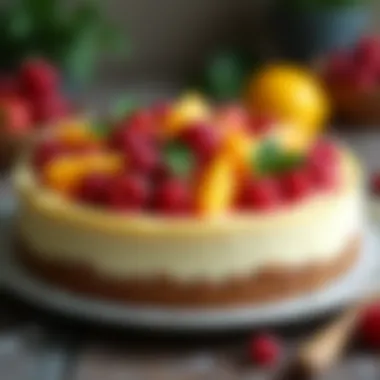 A sumptuous cheesecake garnished with seasonal fruits.