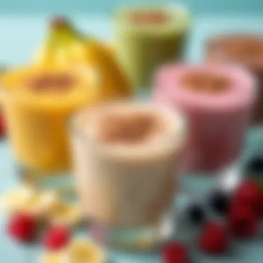 An artistic arrangement of banana smoothie variations in colorful bowls.