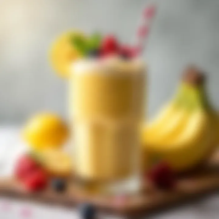 A vibrant banana smoothie in a glass, topped with fresh fruit.