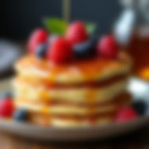 Golden fluffy pancake stack topped with fresh berries and syrup