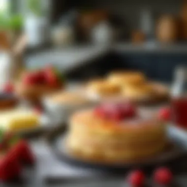 A chef's workspace displaying pancake ingredients and tools