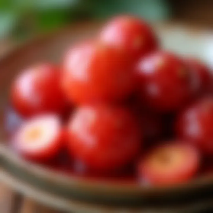 A detailed view of canned litchi, highlighting the syrup that preserves the fruit.