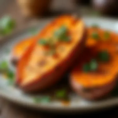 An elegant plate of baked sweet potatoes garnished with herbs and spices.