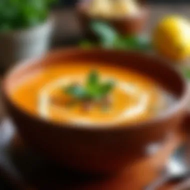 A warm bowl of soup garnished with fresh herbs, radiating comfort.