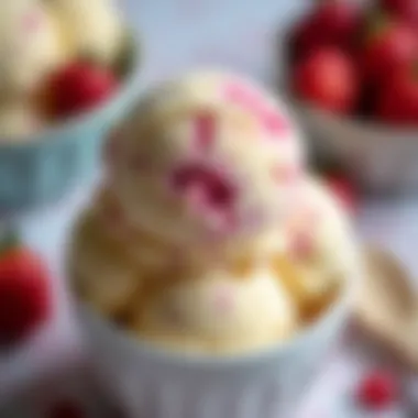 Close-up of a creamy scoop of homemade ice cream from a machine.