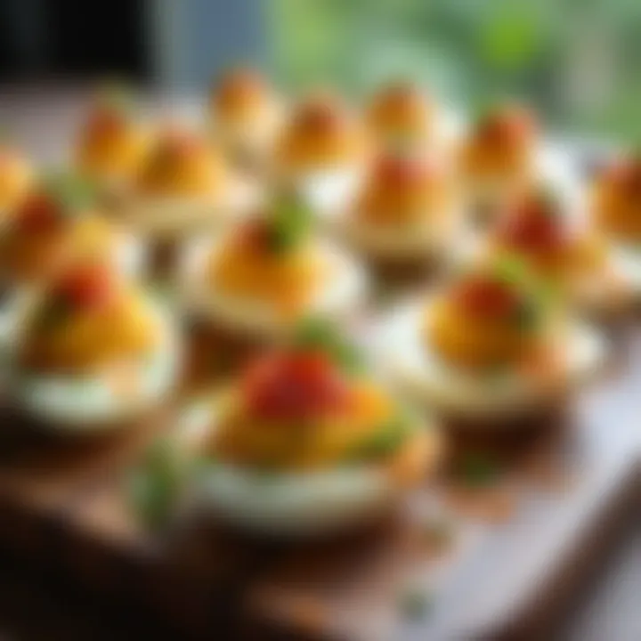 A gourmet deviled eggs platter with various toppings and garnishes, perfect for entertaining.