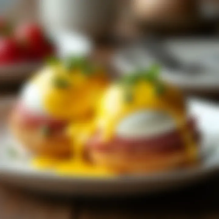 An artistic presentation of eggs benedict, showcasing perfectly poached eggs and hollandaise sauce.