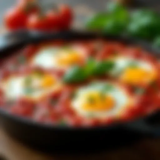 A beautifully plated shakshuka featuring poached eggs in a rich tomato sauce.