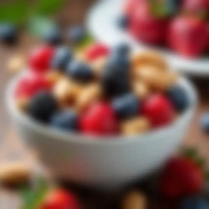 Close-up of a nutritious snack bowl filled with nuts and berries