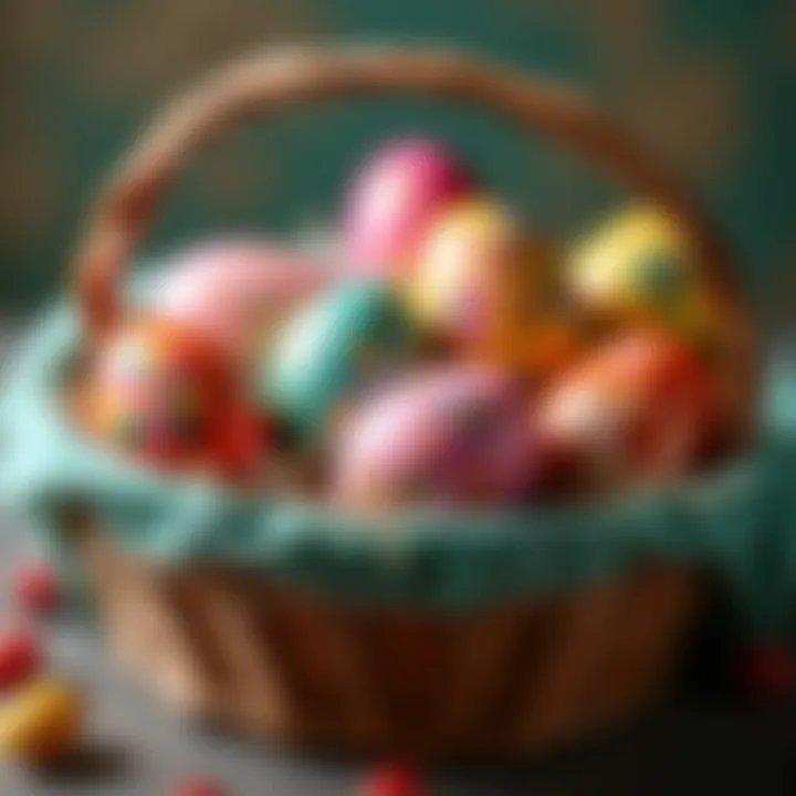 Colorful decorated Easter eggs in a basket