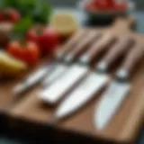 A diverse collection of affordable kitchen knives arranged elegantly on a wooden cutting board.