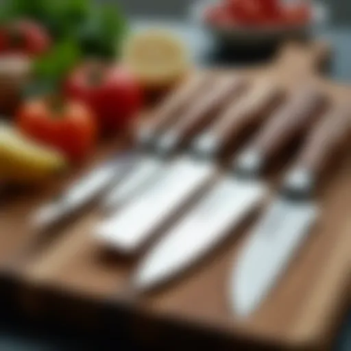 A diverse collection of affordable kitchen knives arranged elegantly on a wooden cutting board.