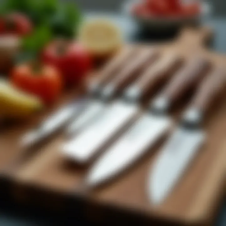 A diverse collection of affordable kitchen knives arranged elegantly on a wooden cutting board.