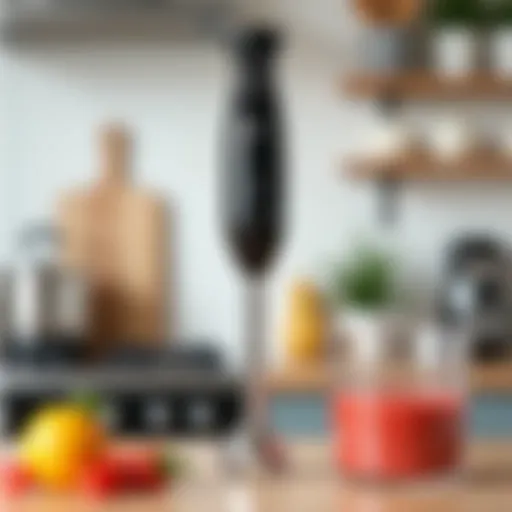 A modern handheld blender on a kitchen countertop showcasing its sleek design.