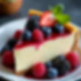 A decadent slice of cheesecake topped with an assortment of fresh berries.