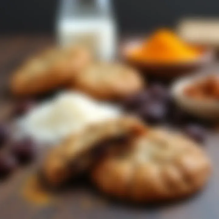 An array of ingredients used for making flat raisin cookies, neatly arranged