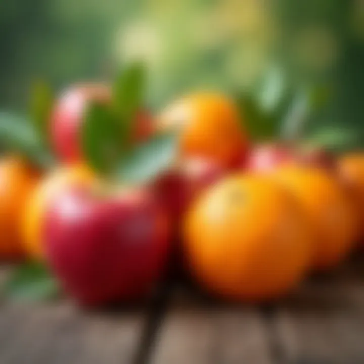 Fresh apples and oranges on a rustic wooden table.