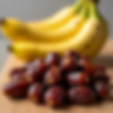 Close-up of bananas and dates, energy-boosting fruits.