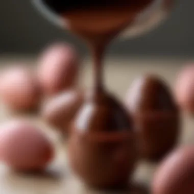 A close-up of rich, smooth German chocolate pouring over a delicate egg mold.