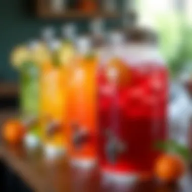 Close-up of a beautifully crafted punch drink dispenser with colorful drinks