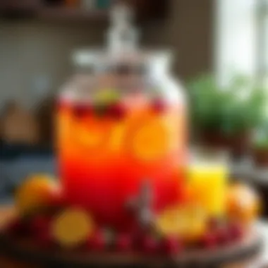 The Art of Beverage Presentation Elegantly designed punch drink dispenser surrounded by vibrant fruits
