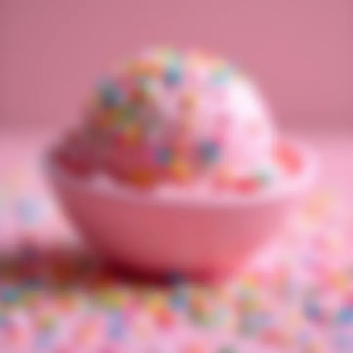 Close-up of bubblegum ice cream scoop adorned with sprinkles