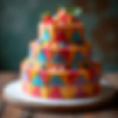 A close-up view of a multi-tiered boss cake with geometric patterns