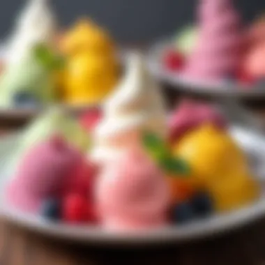 Flavorful Frozen Yogurt Presentation A beautifully arranged plate displaying various flavors of frozen yogurt with garnishes.