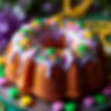 Colorful king cake adorned with traditional Mardi Gras decorations