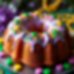 Colorful king cake adorned with traditional Mardi Gras decorations