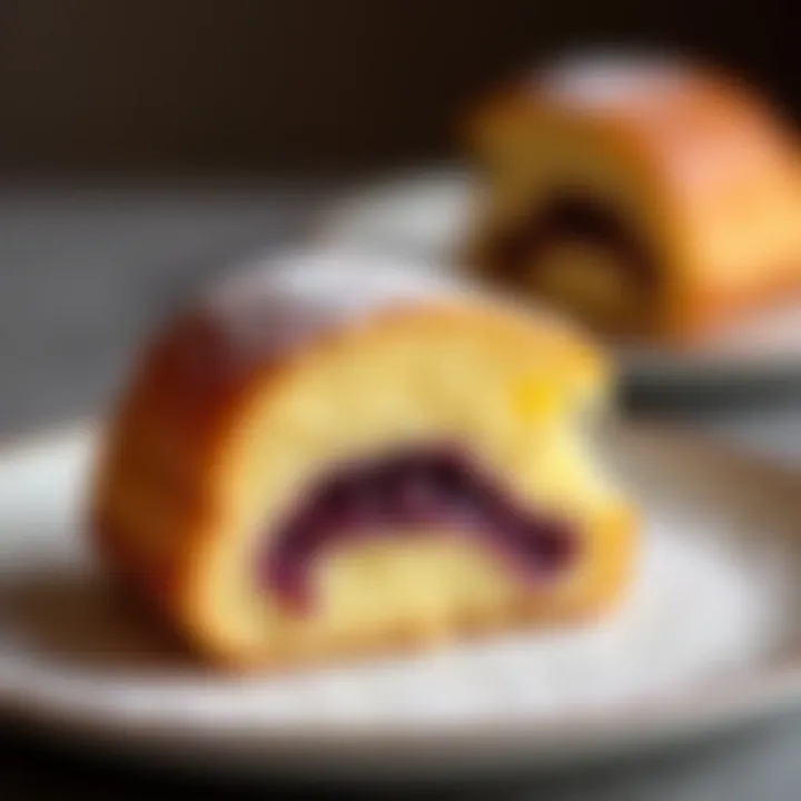 A close-up view of a slice of king cake showcasing its rich filling