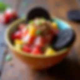 A vibrant poke bowl adorned with crushed Oreos and colorful toppings.