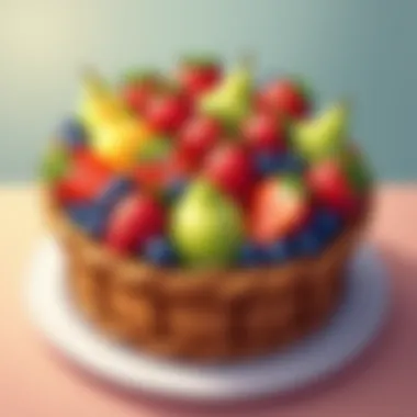 A beautifully arranged fruit basket cake with vibrant colors