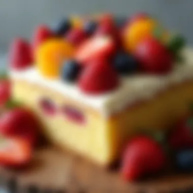 A close-up view of the layers and textures in a fruit basket cake