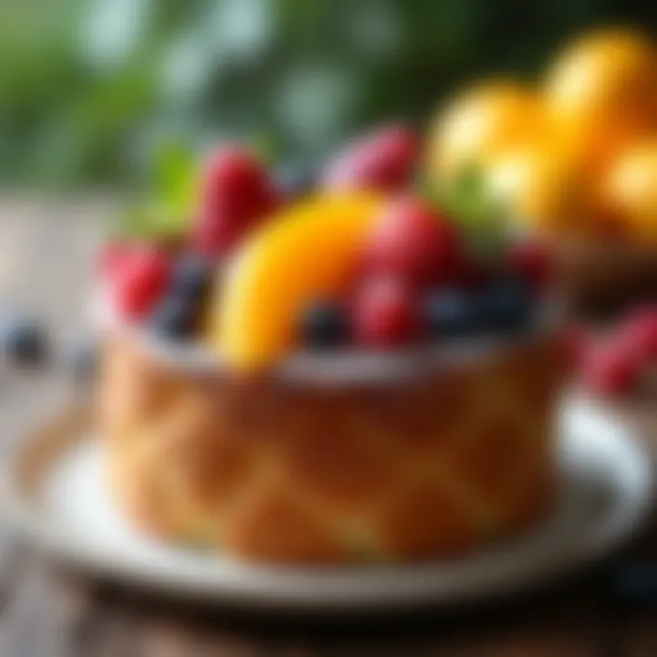 An elegant fruit basket cake adorned with a variety of fresh fruits