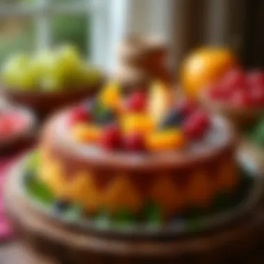 Traditional fruit basket cake displayed at a festive gathering