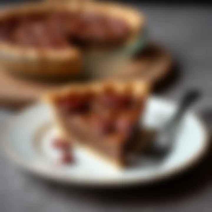 A slice of ketogenic pecan pie served on a fine plate with a fork beside it.