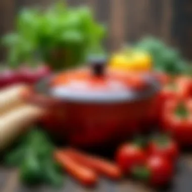 A Staub cocotte nestled among fresh vegetables and herbs