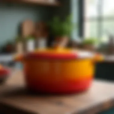 A vibrant Staub cocotte on a rustic kitchen countertop