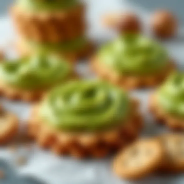 A cheerful selection of whole-grain crackers paired with avocado spread.