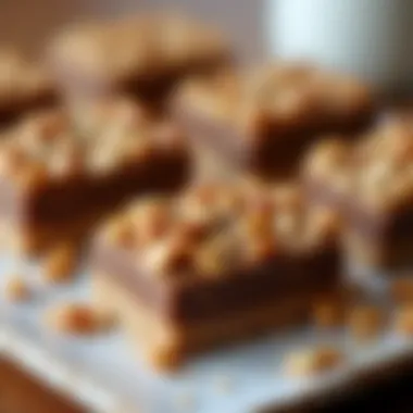 An elegant display of homemade energy bars cut into bite-sized pieces.