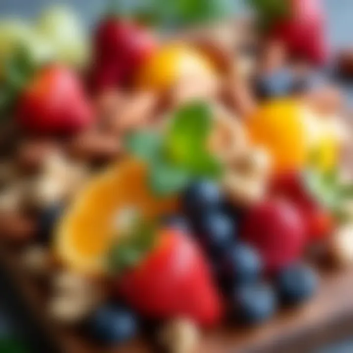 A vibrant assortment of colorful fruits and nuts arranged beautifully.