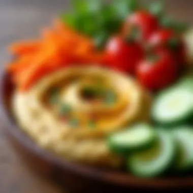 A close-up of a nutritious snack platter featuring hummus and fresh vegetables.