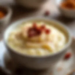 A bowl of creamy rice pudding garnished with cinnamon and raisins