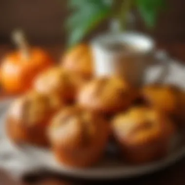 A beautifully arranged platter of pumpkin muffins with a cup of coffee