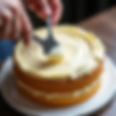 Close-up view of a spatula applying icing to a cake layer