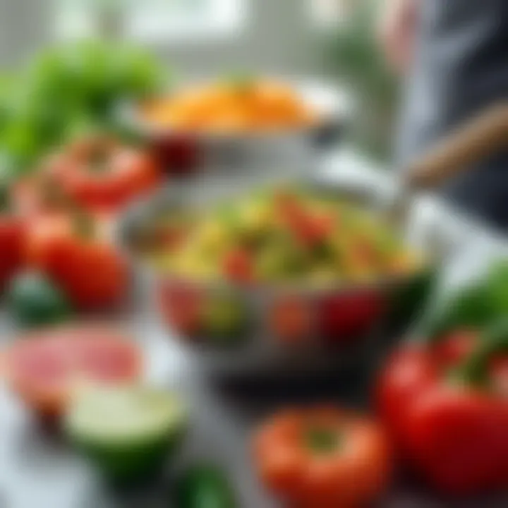 Stainless steel prep bowls in use with colorful ingredients around them