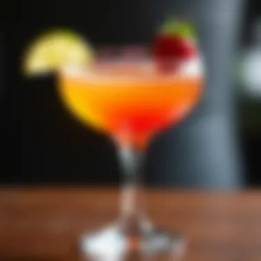 A modern cocktail served in a coupe glass with vibrant colors.