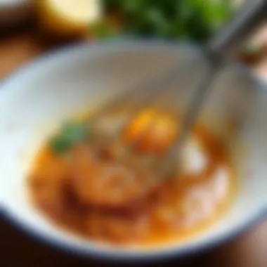 A Dutch whisk being used to blend ingredients in a bowl