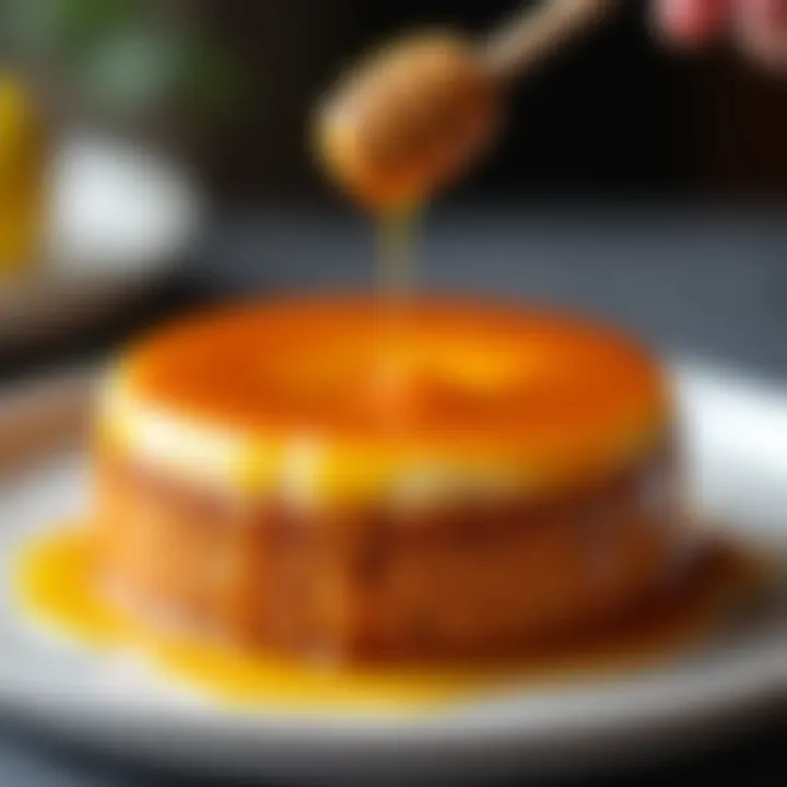 A close-up of drizzling honey over a decadent cake